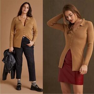Maeve by Anthropologie Honey Slim Ribbed Polo Cardigan Sweater Camel XS